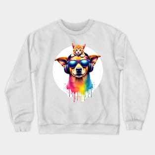 Cool dog with headphones and a cute cat on his head for both cat and dog lovers Crewneck Sweatshirt